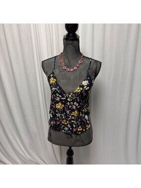 One Way Floral Cami Top Womens Size 8 Black Boho Buttoned Sheer Accents NEW